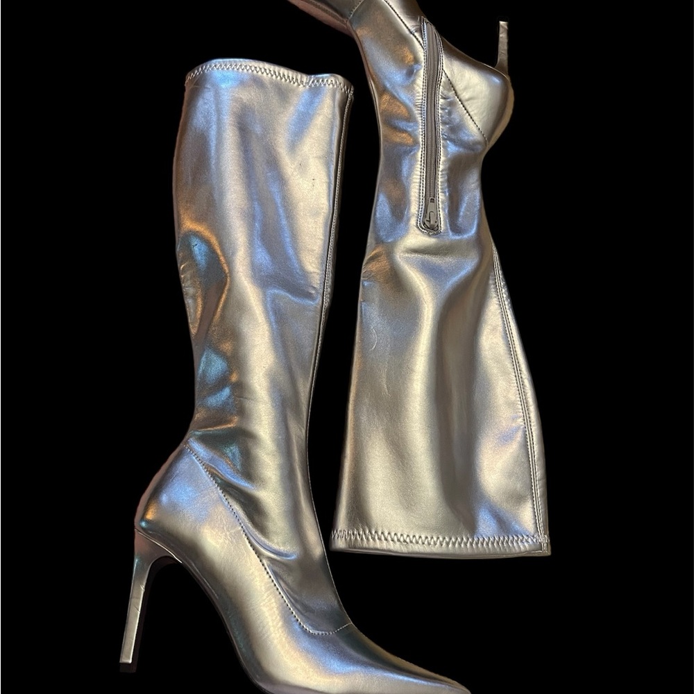 Open Edit Metallic Silver Knee High Boots w/Pointed Toe & Stiletto Heel - Picture 4 of 7